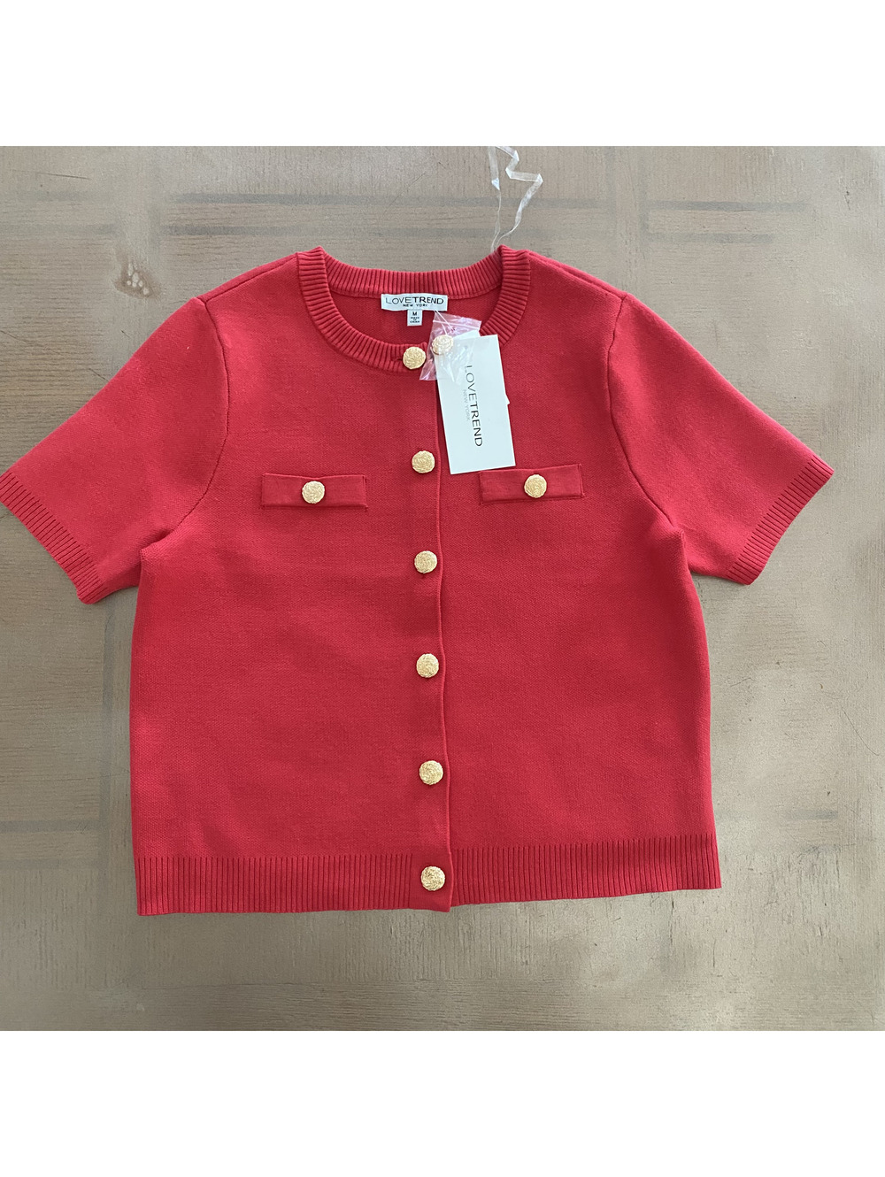 LOVE TREND Women's Short Sleeve Cardigan Red Medium Gold-Ton